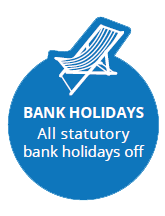 Bank holidays, all statutory bank holidays off