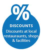 Discounts at local restaurants, shops and facilities